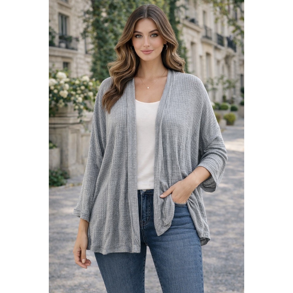 Sadie & Sage Grey Waffle Knit Open Front Cardigan Sweater Oversized Size S 3265‎